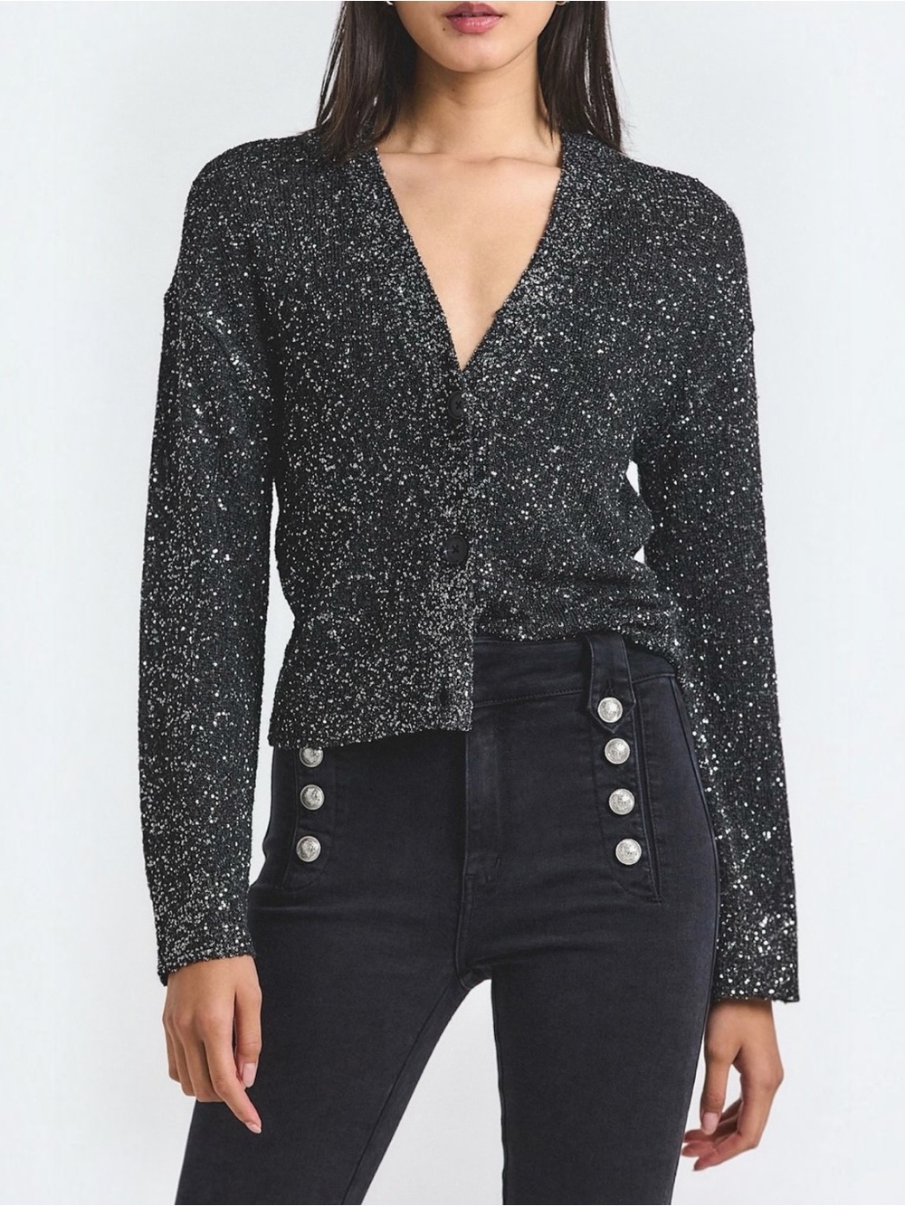 NWT Derek Lam Kalena Sequin Plated Black Sequin Cardigan Charcoal